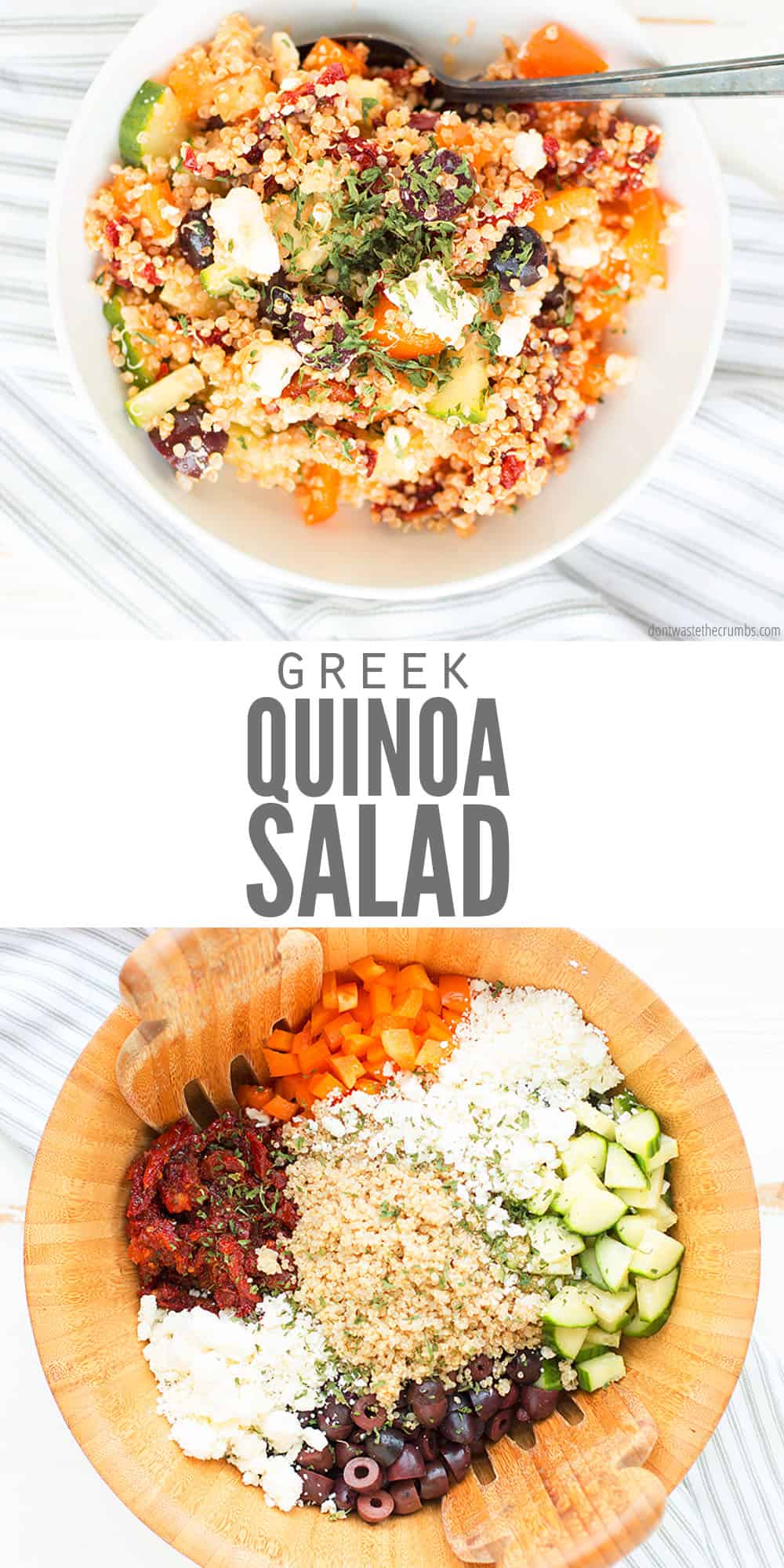 Quick Greek Quinoa Salad (easy option with chicken, chickpeas or shrimp)