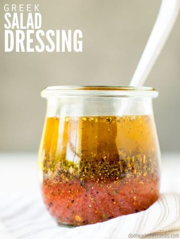 This is the BEST Greek salad dressing recipe! So easy, healthy, and a traditional flavor that's better than store-bought! Add yogurt to make it creamy! :: DontWastetheCrumbs.com