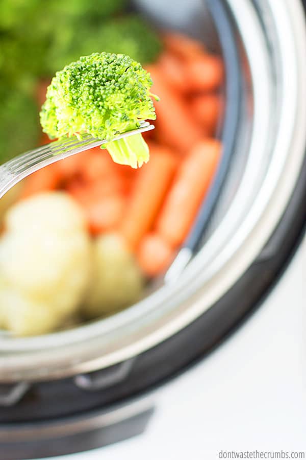 A piece of broccoli on a fork, with an instant pot in the background holding a steamer basket of cauliflower, baby carrots, and broccoli