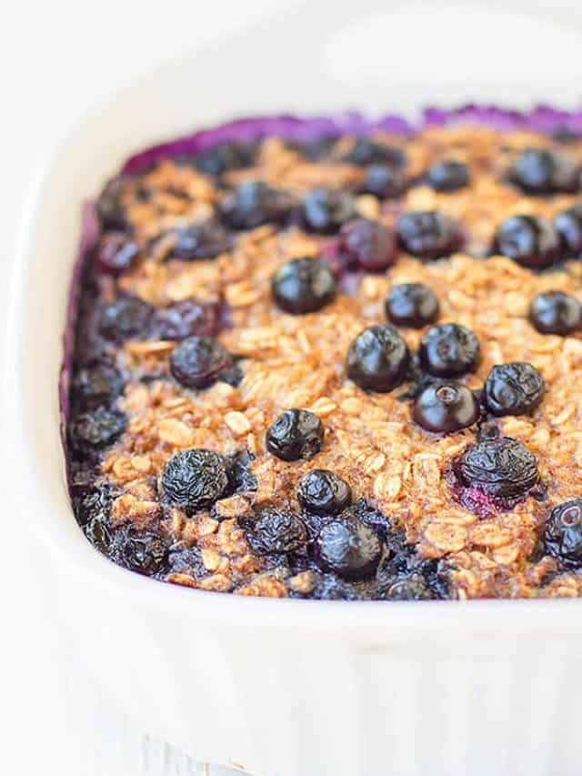 Blueberry baked oatmeal in a baking dish.