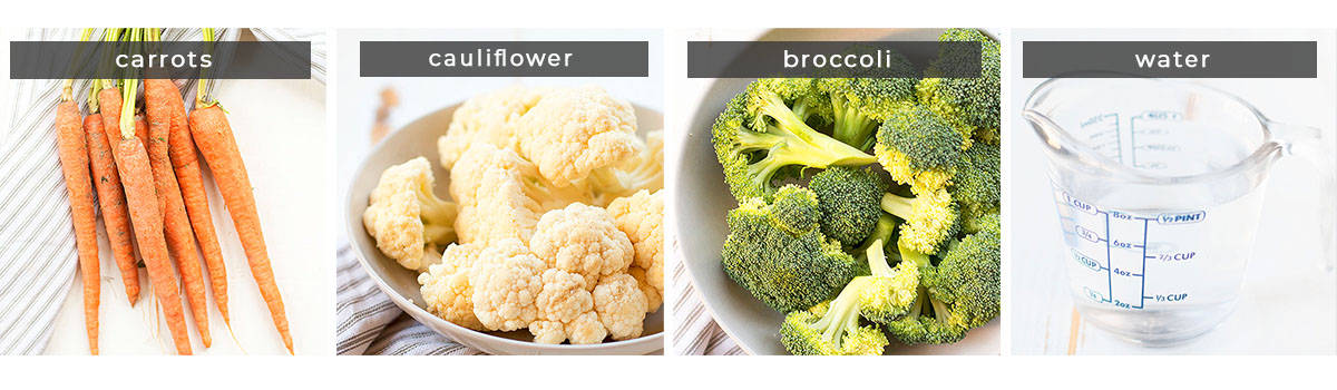 A collage of ingredients: several carrots, a dish of cauliflower florets, a bowl of broccoli florets, a glass measuring cup of water
