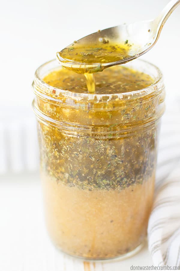 Take a spoon and drizzle fresh Italian salad dressing over your salad or pasta.