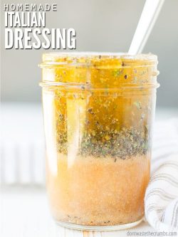 My zesty homemade Italian dressing recipe is fresh, authentic & a great marinade mix! We think this Italian vinaigrette it's the best, better than Olive Garden or Hidden Valley any day! :: DontWastetheCrumbs.com