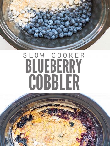 This healthy slow cooker blueberry cobbler is SUPER easy and so good! Use cake mix or Bisquick, fresh or frozen berries, plus there's a gluten-free option.