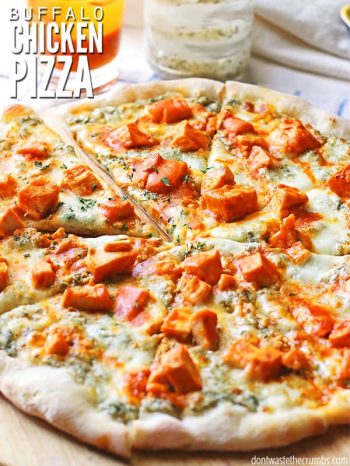 Skip the delivery, this buffalo chicken pizza recipe is one of the best pizzas ever. Spicy, creamy and oh so good, you'll never need Domino’s again! Homemade buffalo chicken pizza is quick and easy to make, and dare I say healthy?! :: DontWastetheCrumbs.com