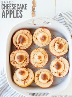 Simple and healthy recipe for baked apples stuffed with cheesecake. Makes for a perfect dessert that's easy to make with just 4-ingredients and no sugar! :: DontWastetheCrumbs.com