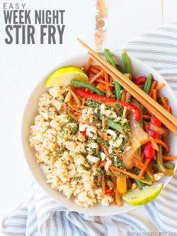 This healthy vegetable stir fry recipe is perfect for a last minute meal. Use fresh or frozen vegetables, rice or noodles, and top with a savory sauce! :: DontWastetheCrumbs.com