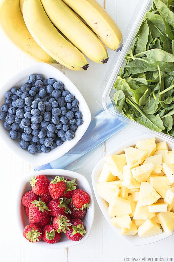 Making a green smoothie is super easy! Just layer all of your ingredients, like leafy greens, bananas, blueberries, yogurt and milk, into a blender and hit go!