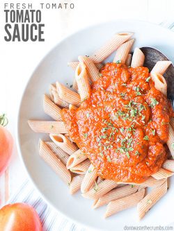 This best ever, easy homemade tomato sauce recipe uses fresh tomatoes WITH skins. The meatless Italian flavors are great for spaghetti, pasta, pizza, or soup! :: DontWastetheCrumbs.com