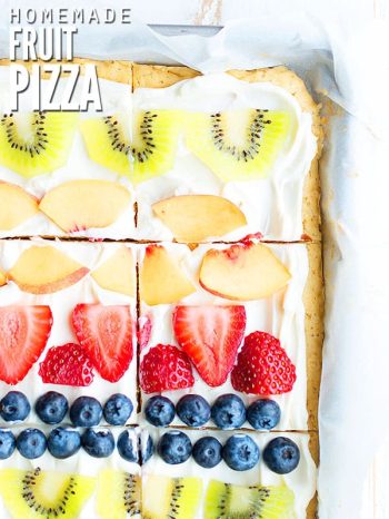 This healthy fruit pizza is one of our favorite easy desserts and uses less sugar in the sugar cookie crust and cream cheese frosting, making each individual square serving less calories! :: dontwastethecrumbs
