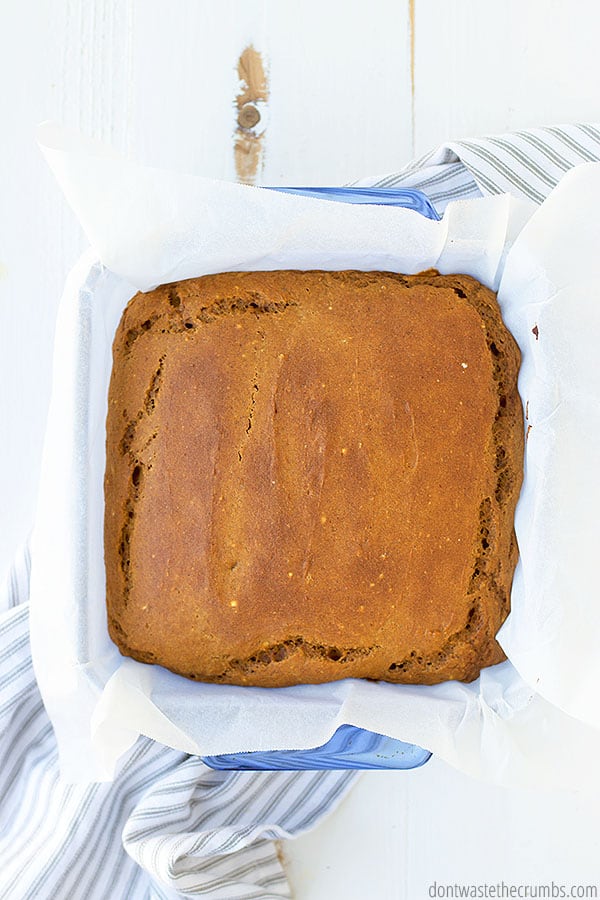 Homemade pumpkin cake without the frosting in a baking pan.