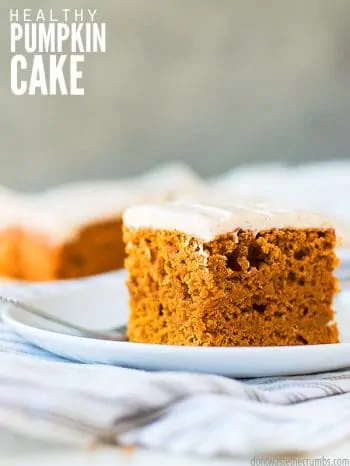 An easy and healthy recipe for pumpkin cake topped with fresh cream cheese frosting! Made with homemade pumpkin puree made from scratch or from the can. :: DontWastetheCrumbs.com