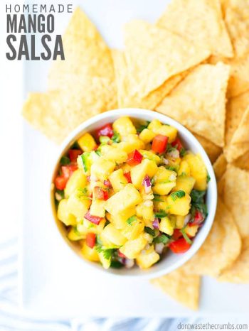 Enjoy this fresh mango salsa recipe with chips, salmon, fish, chicken, or use in tacos! Make it with or without cilantro/avocado/tomato for an easy dinner. :: DontWastetheCrumbs.com