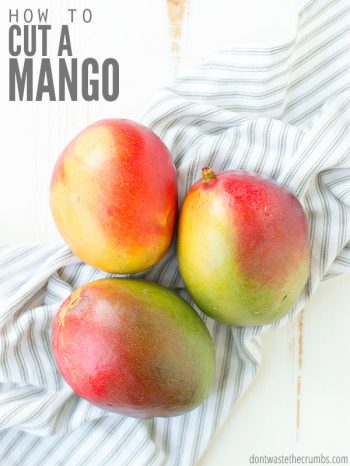 Easiest method for how to cut a mango without a peeler or peeling it! My favorite hack to cut it in half, slice it or dice it, without a glass or cup! :: DontWastetheCrumbs.com