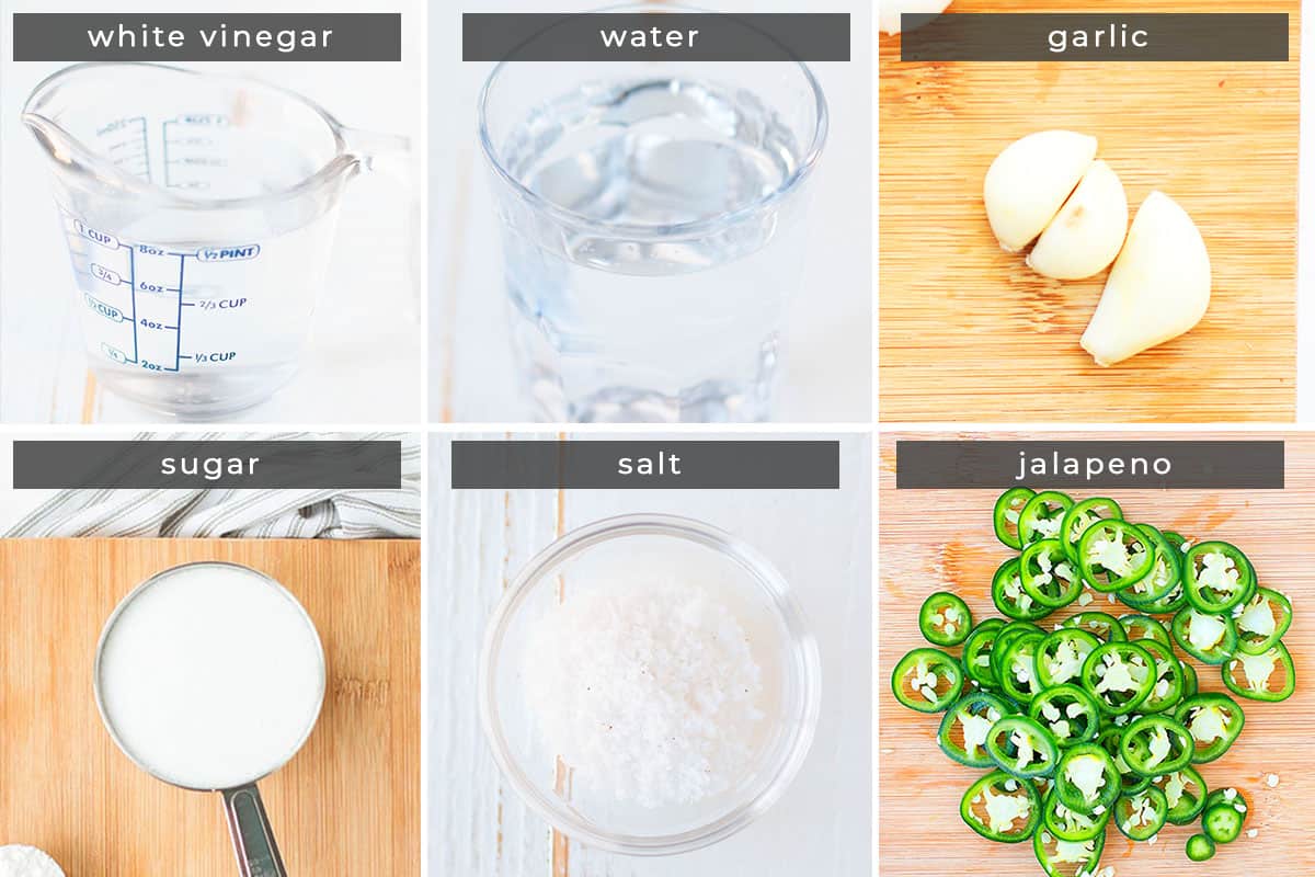 Image containing recipe ingredients: white vinegar, water, garlic, sugar, salt, and jalapenos.
