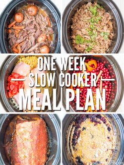 Save time and money with this one week meal plan featuring healthy slow cooker recipes with chicken, beef, pork and vegetarian ideas. Every recipe is super easy, and approved by my picky kids! :: DontWastetheCrumbs.com