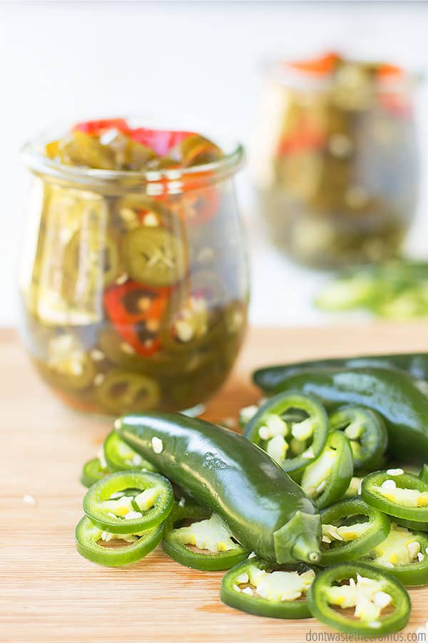 delicious homemade sweet pickled jalapenos, ready for preserving