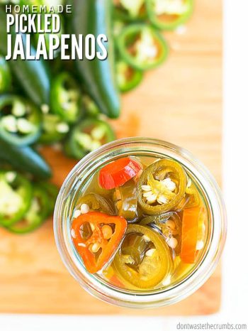 An easy method for making crunchy quick pickled jalapenos in under 10 minutes, with a tutorial for canning or storing in the fridge. The BEST addition for tacos! :: DontWastetheCrumbs.com