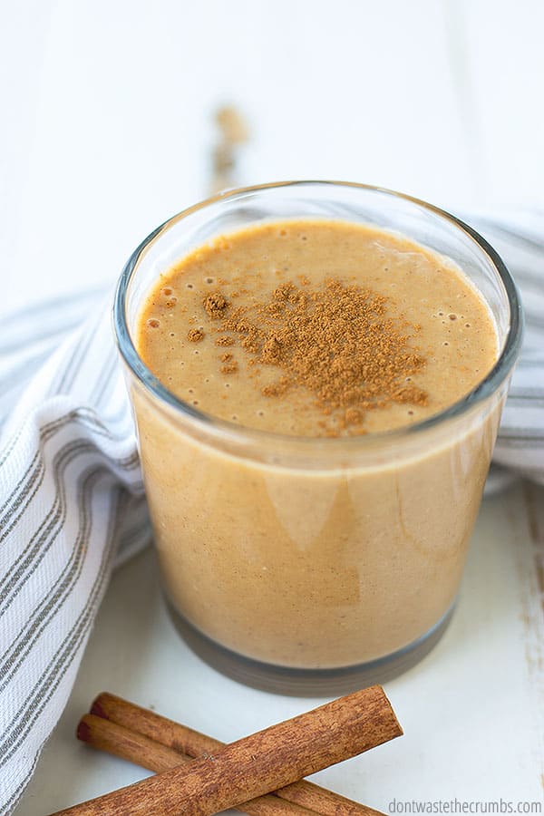 Freshly blended pumpkin smoothie finished with a sprinkle of ground cinnamon.
