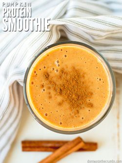 Healthy pumpkin smoothie recipe that is vegan & paleo, with the option to make it green by adding spinach. This protein-packed smoothie is great for health & weight loss! :: DontWastetheCrumbs.com
