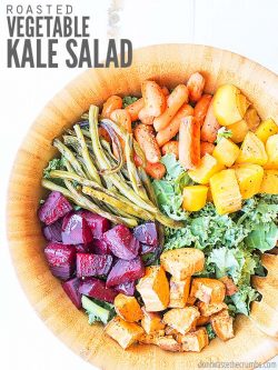 This roasted vegetable kale salad is flexible, naturally vegetarian & vegan. Delicious with root veggies, carrots, quinoa and a creamy Asian dressing! :: DontWastetheCrumbs.com
