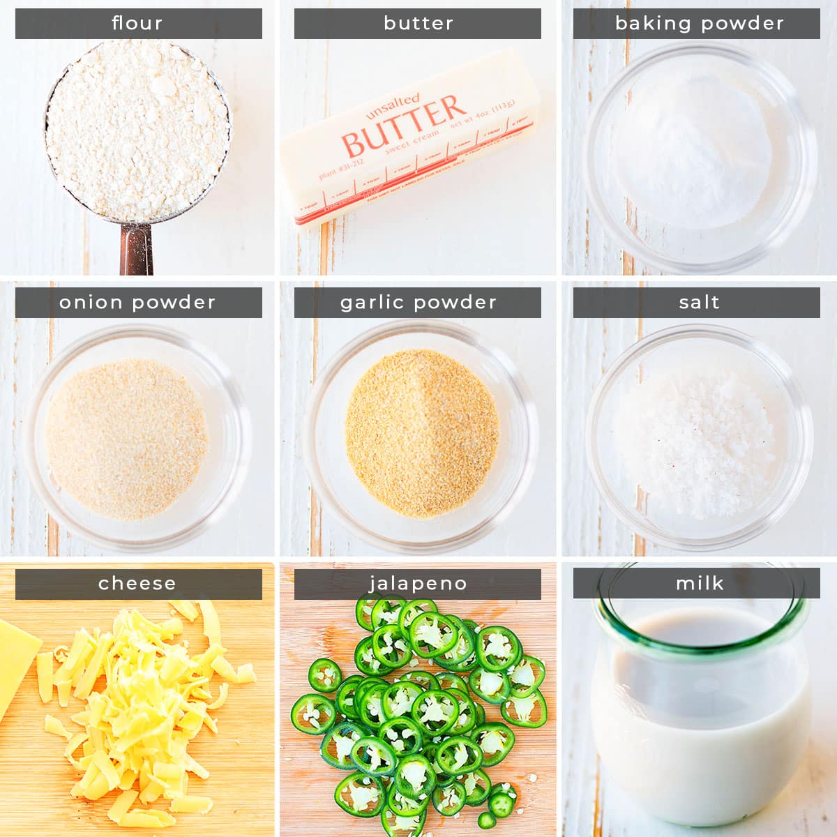 Image showing recipe ingredients flour, butter, baking powder, onion powder, garlic powder, salt, cheese, jalapenos, and milk.