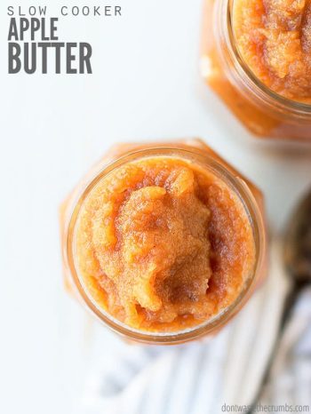 Learn how to make homemade apple butter in the slow cooker! Sweeten with honey (optional) and use apple peels. Perfect for canning - plus four flavors! :: DontWastetheCrumbs.com
