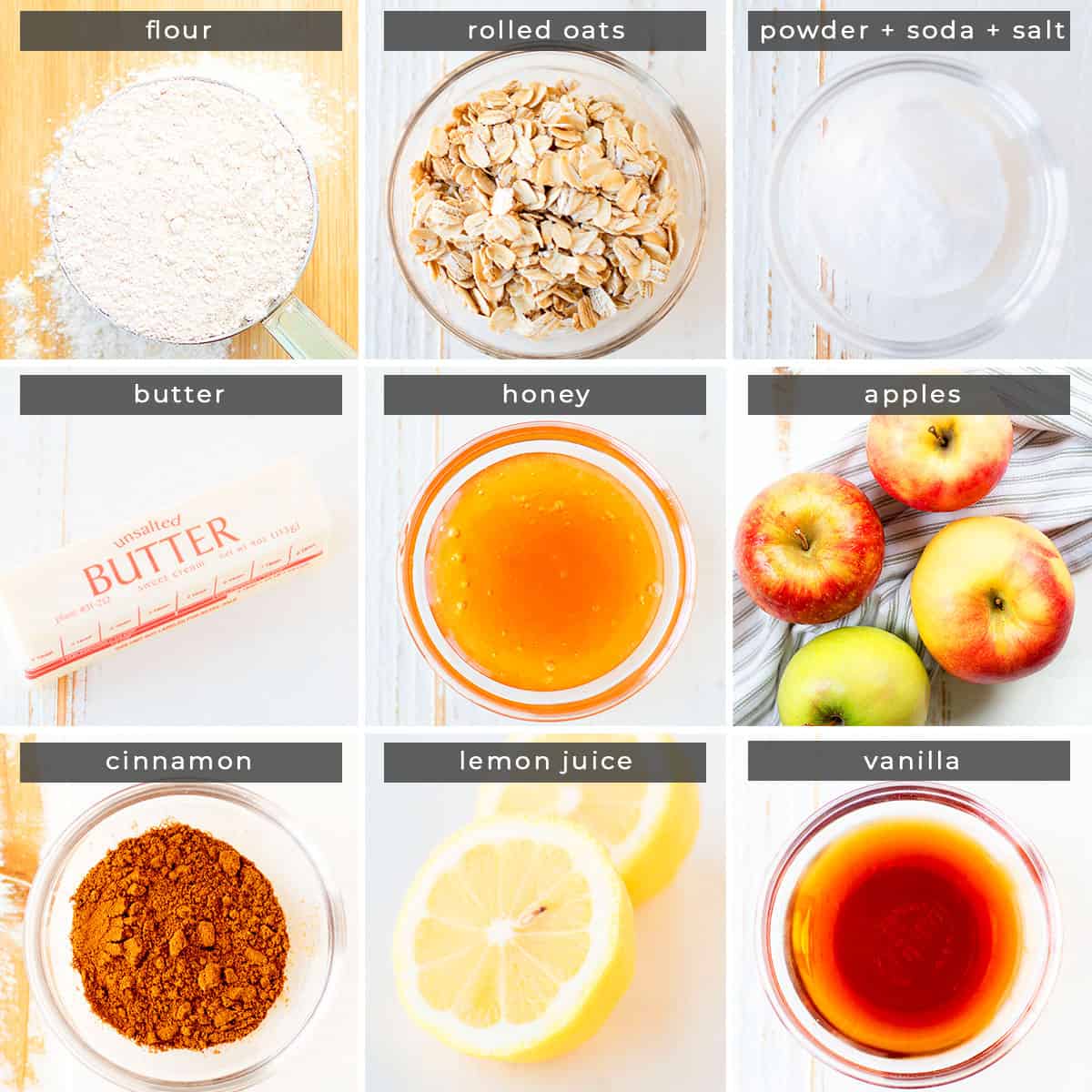 Image containing recipe ingredients flour, rolled oats, baking powder, baking soda, salt, butter, honey, apples, cinnamon, lemon juice, vanilla. 