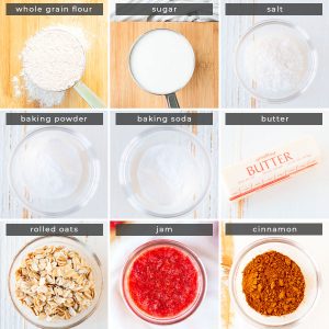 Image containing recipe ingredients whole grain flour, sugar, slat, baking powder, baking soda, butter, rolled oats, jam, and cinnamon. 