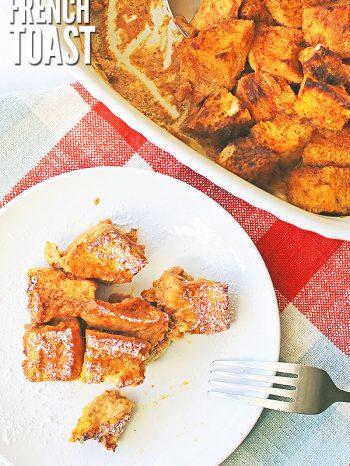 This easy overnight pumpkin french toast casserole tastes just like pumpkin pie! This slightly sweetened dish is perfect for sleepover parties, holiday brunches, and meal prep for busy school mornings! :: DontWastetheCrumbs.com