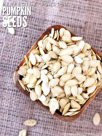 Learn how to perfectly roast pumpkin seeds - every time. Works for squash seeds too, and makes a healthy and very frugal snack! :: DontWastetheCrumbs.com