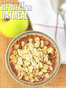 Apple Pie Overnight Oats are a healthy breakfast that requires no cooking and tastes like apple pie! You can make this fast breakfast sugar-free, gluten-free, and even vegan if desired! Make it the night before so it’s ready to eat on the go. :: DontWastetheCrumbs.com