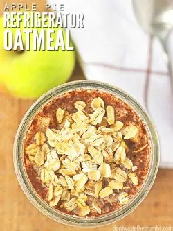 Apple Pie Overnight Oats are a healthy breakfast that requires no cooking and tastes like apple pie! You can make this fast breakfast sugar-free, gluten-free, and even vegan if desired! Make it the night before so it’s ready to eat on the go. :: DontWastetheCrumbs.com