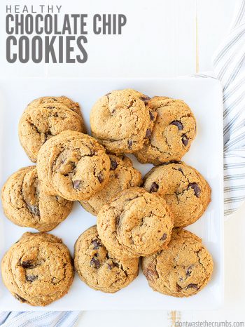 This easy recipe for healthy chocolate chip cookies is low sugar, uses whole grains, and is vegan-friendly! Makes irresistible chewy and crispy cookies! :: DontWastetheCrumbs.com