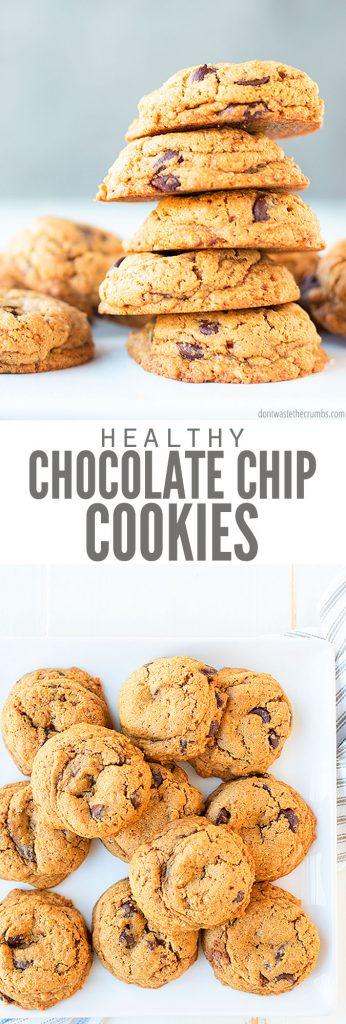 A collage of two pictures. The top picture shows a stack of five healthy chocolate chip cookies on a plate, with more cookies in the background. The bottom shows several cookies on a plate. A text overlay reads "Healthy Chocolate Chip Cookies"