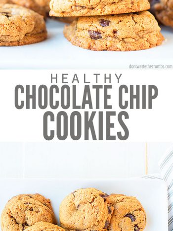 A collage of two pictures. The top picture shows a stack of five healthy chocolate chip cookies on a plate, with more cookies in the background. The bottom shows several cookies on a plate. A text overlay reads "Healthy Chocolate Chip Cookies"