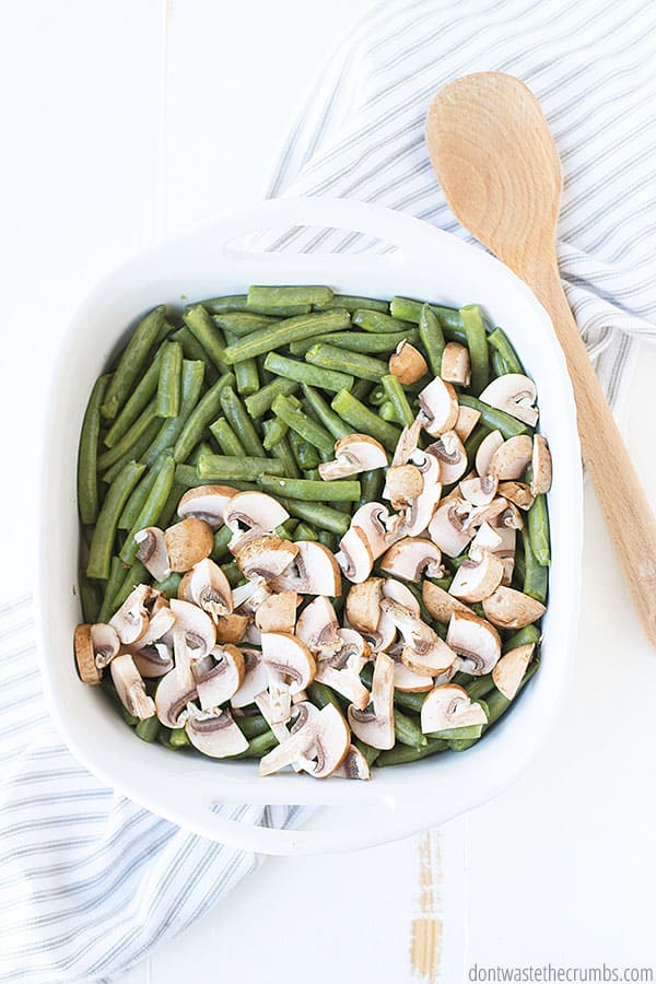 This easy thanksgiving green bean casserole is made with homemade cream of mushroom soup, which is super simple and easy to make.