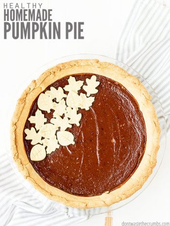 Easy recipe for the best healthy homemade pumpkin pie made with homemade pie crust. The filling is made with fresh pumpkin puree and homemade pumpkin pie spice. :: DontWastetheCrumbs.com