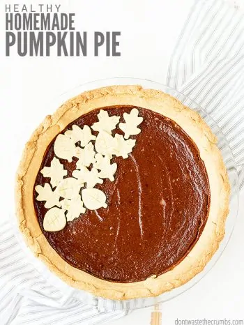 Easy recipe for the best healthy homemade pumpkin pie made with homemade pie crust. The filling is made with fresh pumpkin puree and homemade pumpkin pie spice. :: DontWastetheCrumbs.com