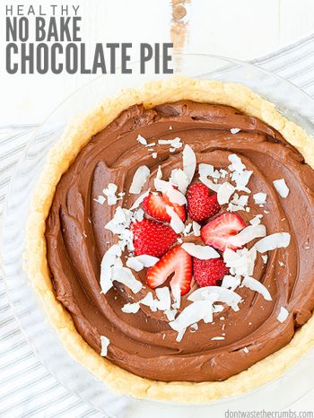 Easy recipe for healthy homemade chocolate pie, the perfect no-bake dessert! Made in a homemade pie crust and filled with delicious cocoa chocolate mousse. :: DontWastetheCrumbs.com