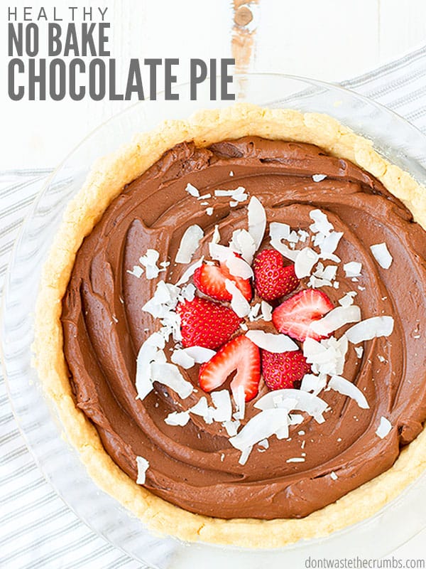 Easy recipe for healthy homemade chocolate pie, the perfect no-bake dessert! Made in a homemade pie crust and filled with delicious cocoa chocolate mousse.