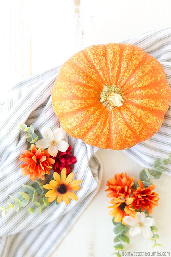 Bird's eye view of pumpkin and flowers on a tablecloth