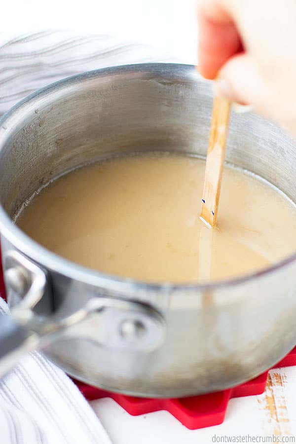 The milk and sweetener is now getting mixed in the medium saucepan.