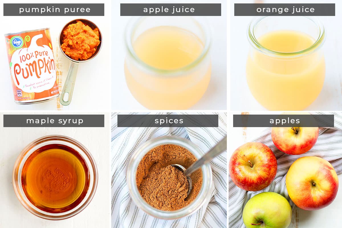pumpkin puree, apple juice, orange juice, maple syrup, spices, apples