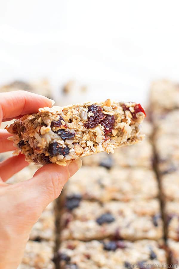 Kitchen sink granola bars are an excellent way to use flax seeds in a recipe. Pictured is a hand holding a slice of a fresh granola bar.