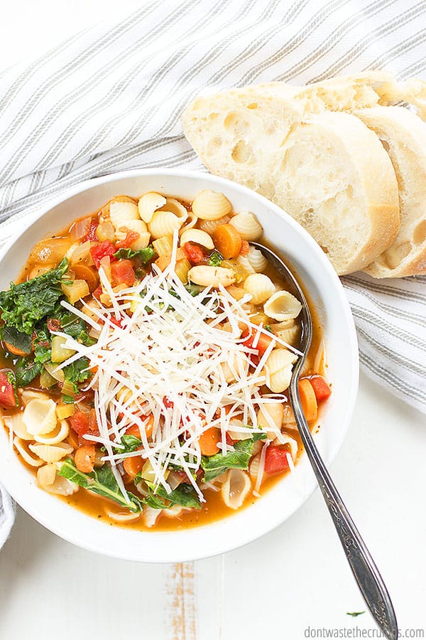Serve this delicious minestrone soup with our no-knead artisan bread and a generous sprinking of parmesan cheese!