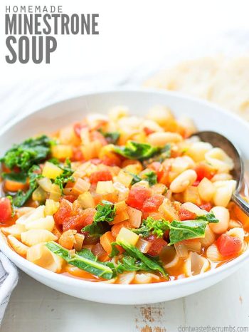 This easy minestrone soup is full of nutritious veggies, beans and pasta! Can also be made in the instant pot or slow cooker, saving time and money! ::dontwastethecrumbs