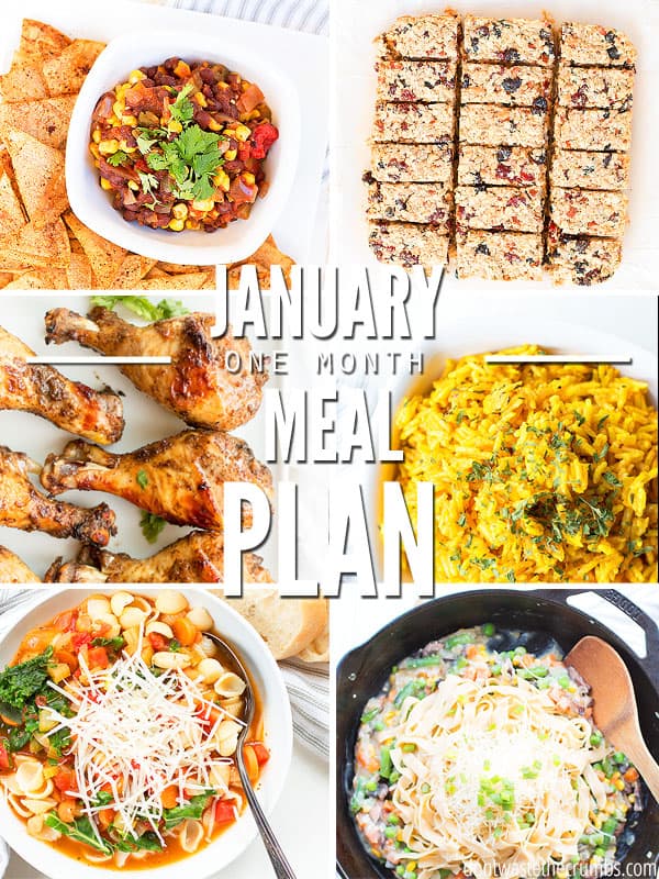 A One-Month Meal Plan for January 2022 full of healthy and easy real food recipes for the whole family! ::dontwastethecrumbs
