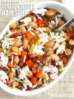 Try adding this frugal and delicious recipe to your menu. Northern beans and ham soup is made in a slow cooker and it's perfect for cold winter days! :: DontWastetheCrumbs.com