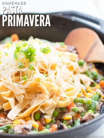 This vegetable pasta primavera recipe is light & easy, made with creamy cauliflower sauce & any vegetables you have! Add meat or make it dairy/gluten-free. :: DontWastetheCrumbs.com